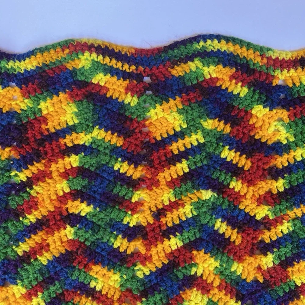 Rainbow Chevron Afghan Blanket 60x49 VTG boho Handmade Crochet Colorful Throw